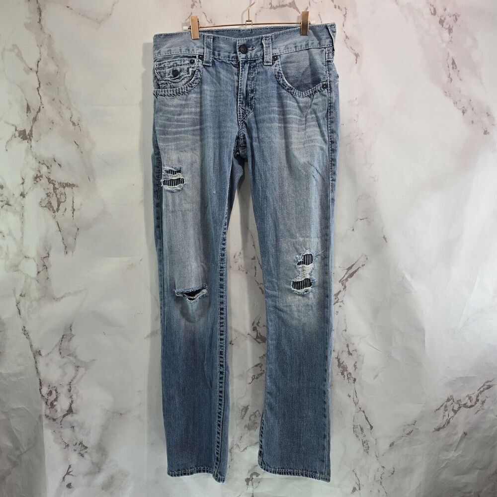 Lucky Brand Jeans Men 31 X 33 Skinny Denim Light Wash Distressed Holes Patchwork